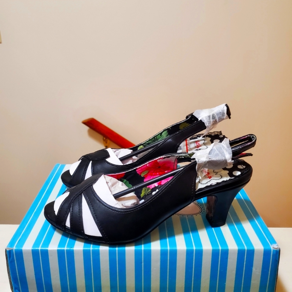 Bettie Page Black and White Peep Toe Slingback Heels